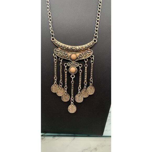 Silver Tone Faux Coin Dangle Boho Bali Inspired Necklace - Picture 2 of 5